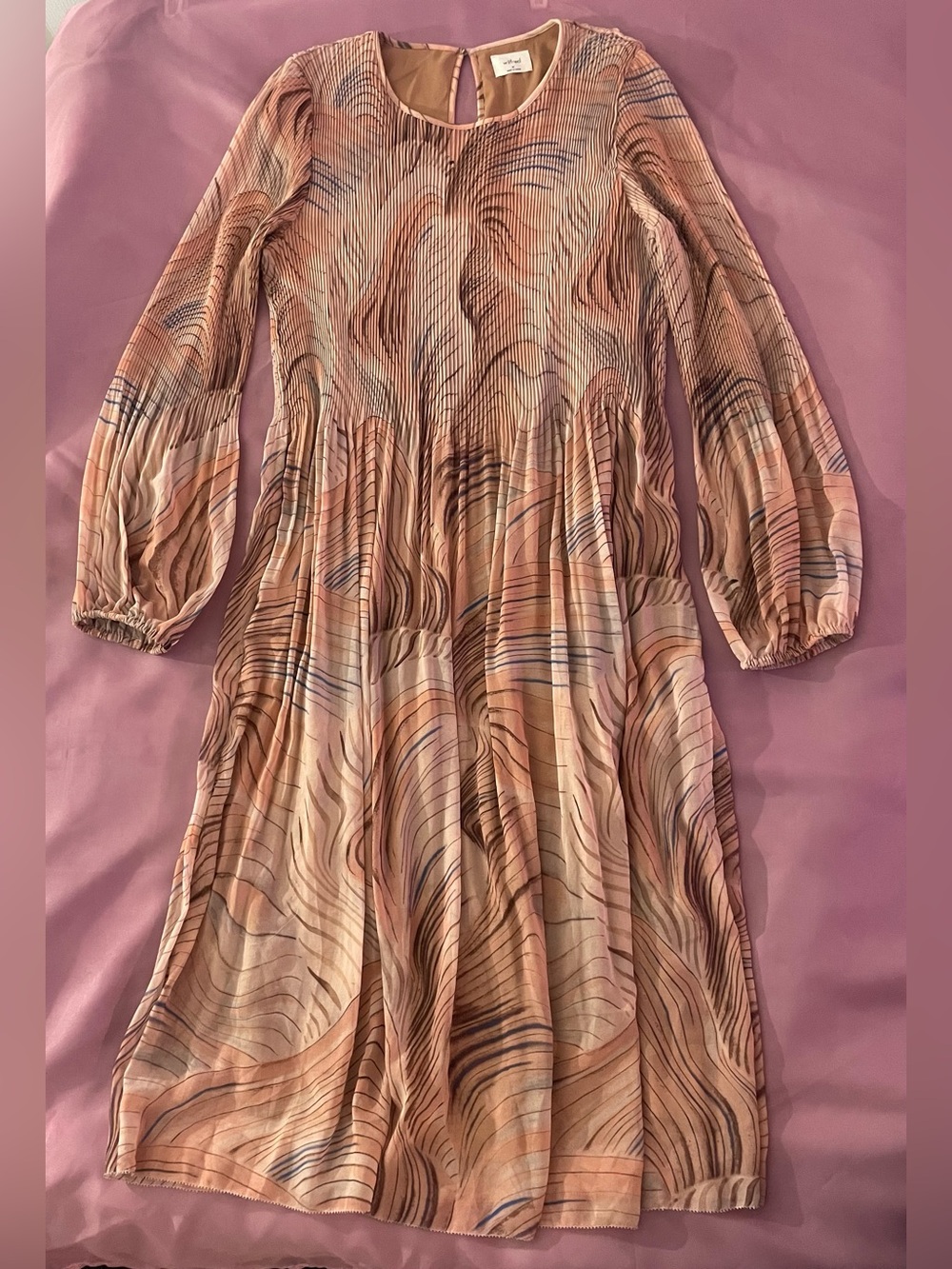 Wilfred Aritzia Pleated Abstract Swirl Midi Dress Long Sleeve Chiffon 12